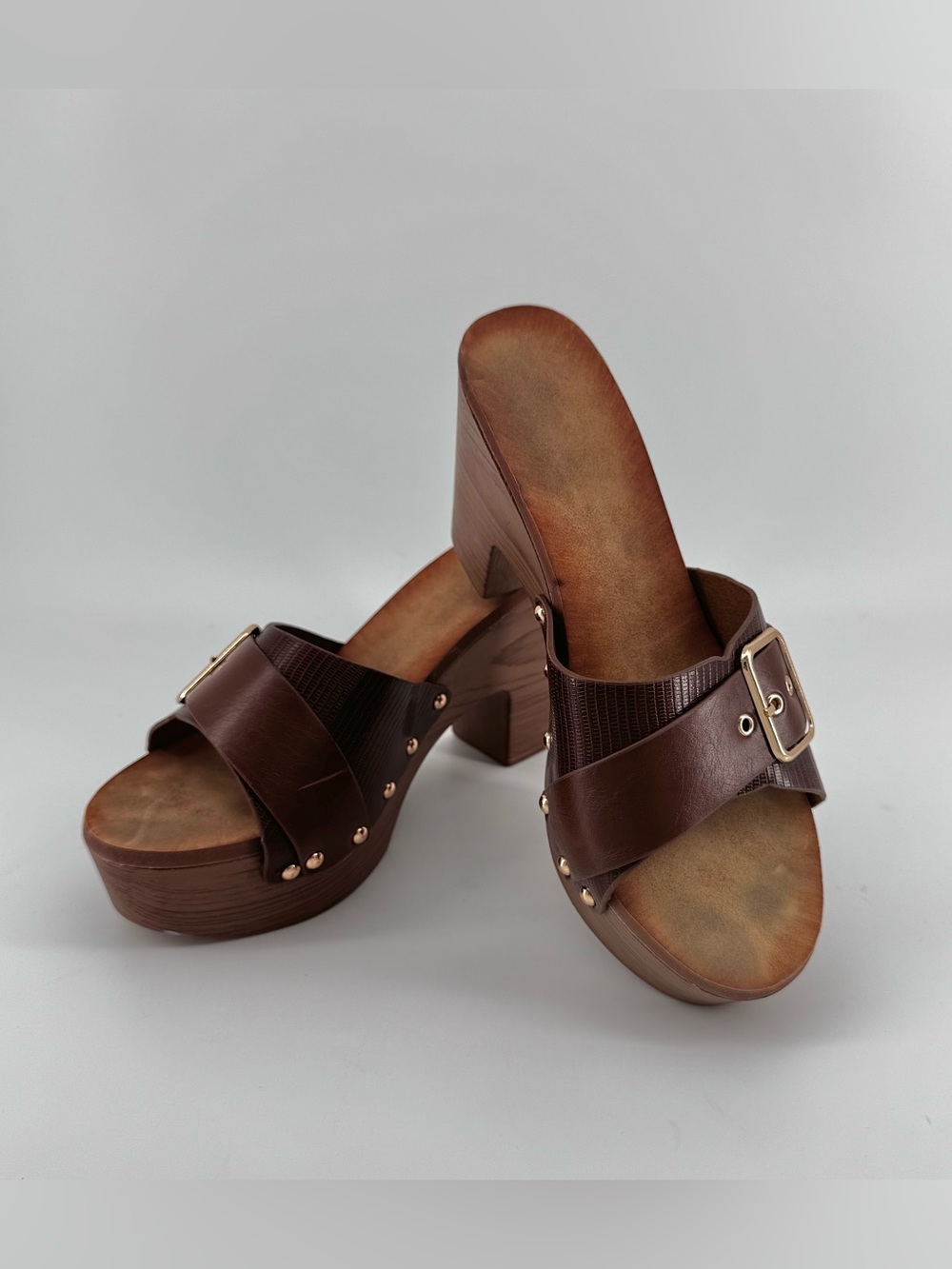 Brown Faux Leather Platform Mule with Buckle Detail